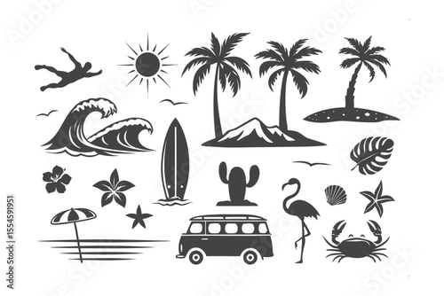 Tropical beach vibes: A collection of beach-themed icons capturing the essence of summer vacation with palm trees, waves, and beach elements.
