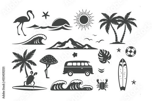 Summer Vacation Icons: A collection of stylish monochrome summer vacation icons, including palm trees, waves, a flamingo, van, surfboard and more. Perfect for travel design projects.