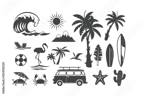 Tropical Icon Set: A monochrome ensemble of hand-drawn illustrations, capturing the spirit of a tropical escape, showcasing waves, palm trees, sun, and various vacation elements.