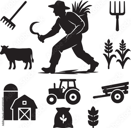 Farmer with Sickle and Basket Silhouette – Part of Black and White Agricultural Vector Icon Set