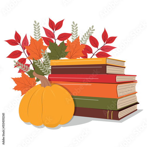 Stack of books with pumpkin and autumn leaves. Pile of books vector illustration isolated on white background