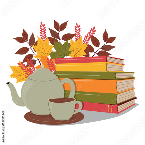 Stack of books with teapot and leaves. Vector illustration of a cozy autumn reading scene. Perfect for autumn-themed designs, education, lifestyle, or seasonal promotions.