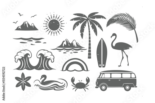Vintage Coastal Icons: A collection of meticulously crafted vintage illustrations showcasing the essence of the coast, with the sea, surfing, tropical, and summer vibes.