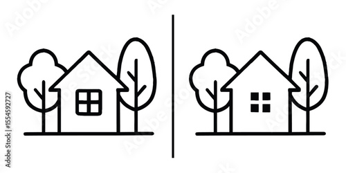 Divided Residential Dream: Two minimalist home illustrations flanking a dividing line, embodying the concept of choice, comparison, or duality in the context of property and residential living.
