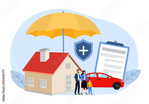 Family insurance concept. Man, woman and their children next to contract and medicines. Health care and regular visits to doctor. Ambulance case with pills and drugs. Cartoon flat vector illustration
