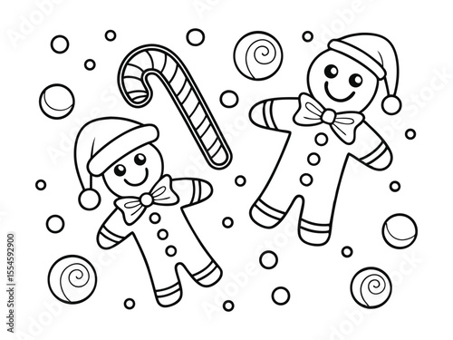Gingerbread man cookies with peppermint and candy cane outline line art doodle cartoon illustration. Winter Christmas theme