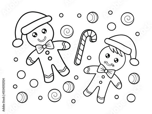 Gingerbread man cookies with peppermint and candy cane outline line art doodle cartoon illustration. Winter Christmas theme