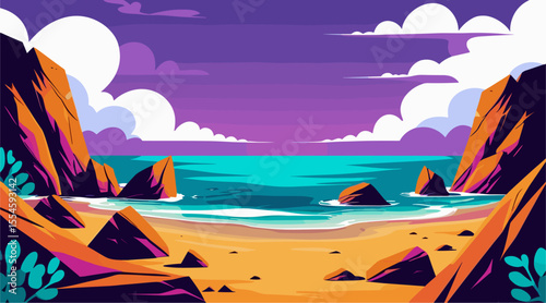 Landscape with A beautiful sunset over the ocean with a rocky shoreline. The sky is filled with clouds and the sun is setting in the distance.