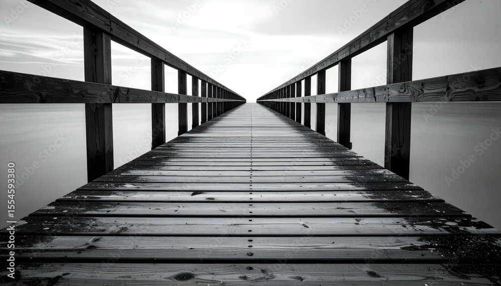 Fototapeta premium Wooden Pier Extending Over Calm Water in Black and White