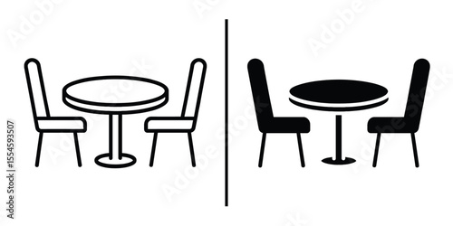 Table Setting Icon: A minimalist, two-panel illustration showcases a simple table setting design, each panel offering a unique representation of the same furniture.