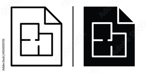 Minimalist Floor Plan Icon: A clean and simple line drawing of a floor plan, ideal for architectural or real estate applications, presented in both black and white versions.