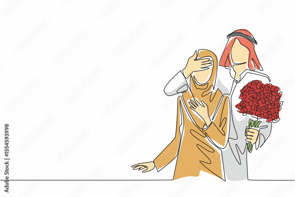 Naklejka premium Single continuous line drawing the husband stands behind his wife and covers her eyes with hands. Expression of gratitude with a surprise. Couple Appreciation Day. One line design vector illustration