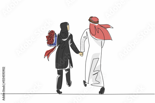 Continuous one line drawing a couple walking hand in hand and the wife carrying a bouquet of flowers. Symbolism of aging together. Couple Appreciation Day. Single line draw design vector illustration