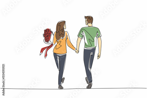 Single one line drawing a couple walking hand in hand and the wife carrying a bouquet of flowers. Towards happiness together. Love. Couple Appreciation Day. Continuous line design graphic illustration