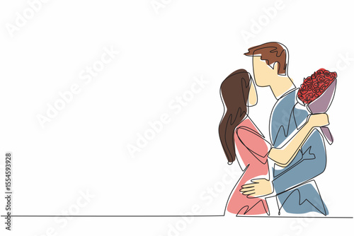 Single continuous line drawing husband kisses forehead of wife while wife holds a bouquet of flowers. The deepest love for wife. Romance. Couple Appreciation Day. One line design vector illustration