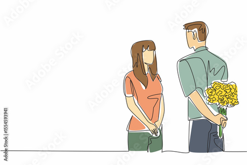 Single continuous line drawing husband brings bouquet of flowers and hides it behind back. Beautiful flowers for the most beautiful wife. Couple Appreciation Day. One line design vector illustration