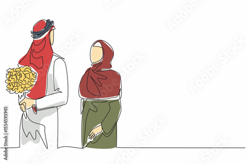 Single one line drawing husband brings a bouquet of flowers and hides it behind his back. A pleasant surprise for the wife. Love. Couple Appreciation Day. Continuous line design graphic illustration