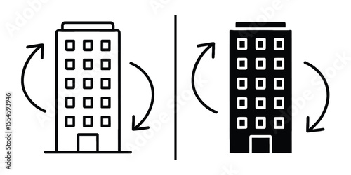 Building Rotation: A symbolic representation of buildings featuring dynamic rotating arrows that visually conveys the concept of change, process, and cycles.