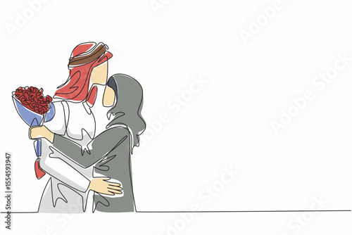 Single one line drawing husband kiss forehead of wife while wife holds bouquet of flowers. Expression of gratitude. Deepest thanks. Couple Appreciation Day. Continuous line design graphic illustration