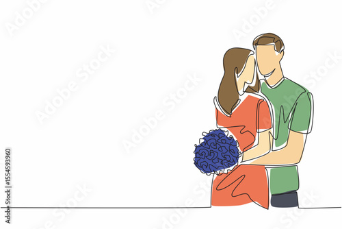 Continuous one line drawing husband hugging wife from behind and wife holding a bouquet of flowers. Simple but very meaningful. Couple Appreciation Day. Single line draw design vector illustration