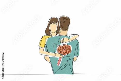 Single continuous line drawing husband and wife hugging with wife carrying a bouquet of flowers. Expression of deepest affection. Love. Couple Appreciation Day. One line design vector illustration