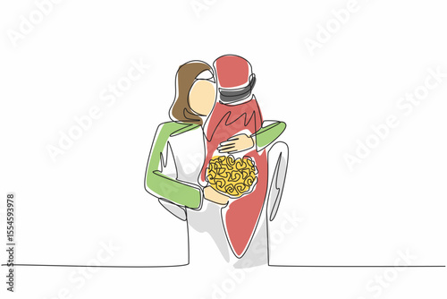 Single one line drawing husband and wife hugging with wife carry bouquet of flowers. Wife happy with little surprise. Rose of love. Couple Appreciation Day. Continuous line design graphic illustration