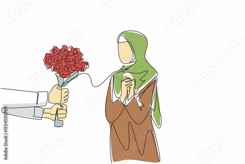 Continuous one line drawing Arabian woman clasps hands in front of chest when given bouquet of flowers. Surprise from a loved one. Couple Appreciation Day. Single line draw design vector illustration