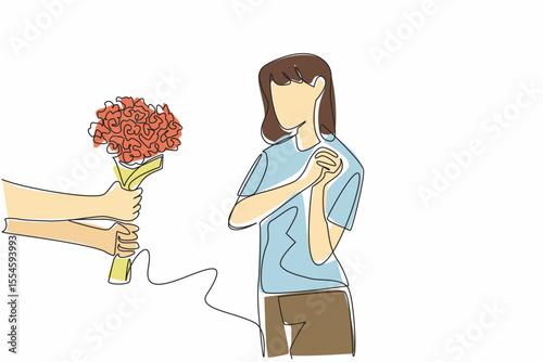 Single continuous line drawing woman clasps her hands in front of her chest when given a bouquet of flowers. Touched by small attentions. Couple Appreciation Day. One line design vector illustration