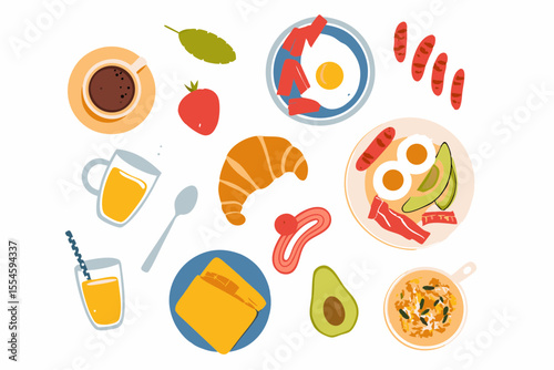 Hand drawn breakfast illustration with coffee, fried egg, croissant, milk, cereal, bacons, sausages, citrus juice, avocado, tomato, pancakes. Healthy tasty food and drinks. Vector flat illustration.