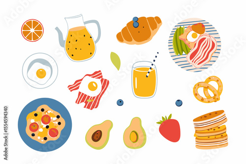 Hand drawn breakfast illustration with coffee, fried egg, croissant, milk, cereal, bacons, sausages, citrus juice, avocado, tomato, pancakes. Healthy tasty food and drinks. Vector flat illustration.