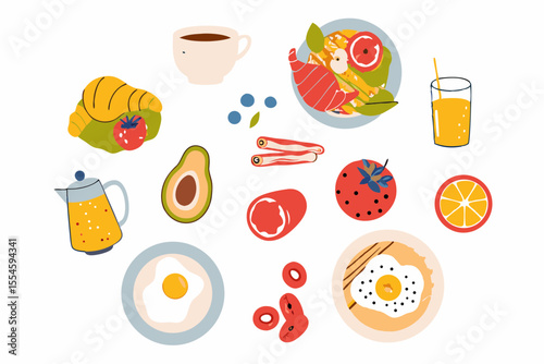 Hand drawn breakfast illustration with coffee, fried egg, croissant, milk, cereal, bacons, sausages, citrus juice, avocado, tomato, pancakes. Healthy tasty food and drinks. Vector flat illustration.
