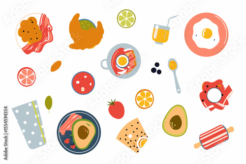 Hand drawn breakfast illustration with coffee, fried egg, croissant, milk, cereal, bacons, sausages, citrus juice, avocado, tomato, pancakes. Healthy tasty food and drinks. Vector flat illustration.