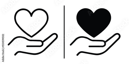 Shared Heart: A minimalistic icon showcases a hand gently cradling a heart, symbolizing empathy, kindness, and support. Perfect for illustrating concepts of love, care, and giving.