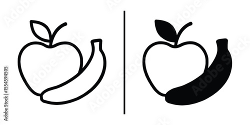 Apple and Banana Icons: A pair of simple, line art icons depicting an apple and banana, presented in both outline and solid fill versions. Perfect for app icons, website design.