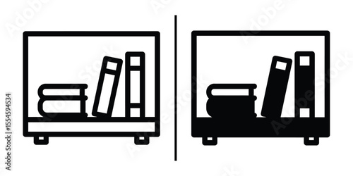 Bookshelf Icon Set: Simple line art icons depicting two bookshelves, one with books neatly stacked, and the other with books arranged more casually. Perfect for website design, app development.