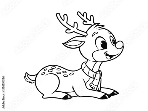 Cute happy chibi style sitting reindeer with antlers animal outline doodle cartoon illustration. Winter wildlife Christmas