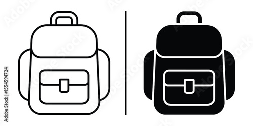 Backpack Icon Duo: A clean, simple, and versatile icon pair, showing both outlined and filled-in versions of a classic backpack design. Perfect for school, travel, and adventure-themed projects.