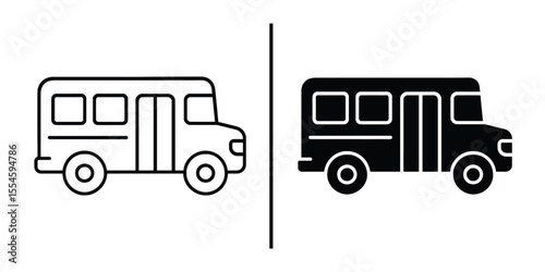 School Bus Icon Set: Outline and filled vector illustrations of a school bus, perfect for educational projects or transportation-related designs.