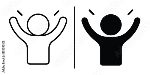 Joyful Person Icon Set: A versatile set of line art and solid icons depicting a person with arms raised in celebration, symbolizing happiness, success, or freedom.