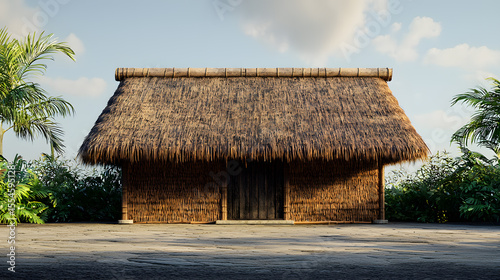 Thatched hut with a door and palm trees under a bright sky in a tropical setting near the jungle area