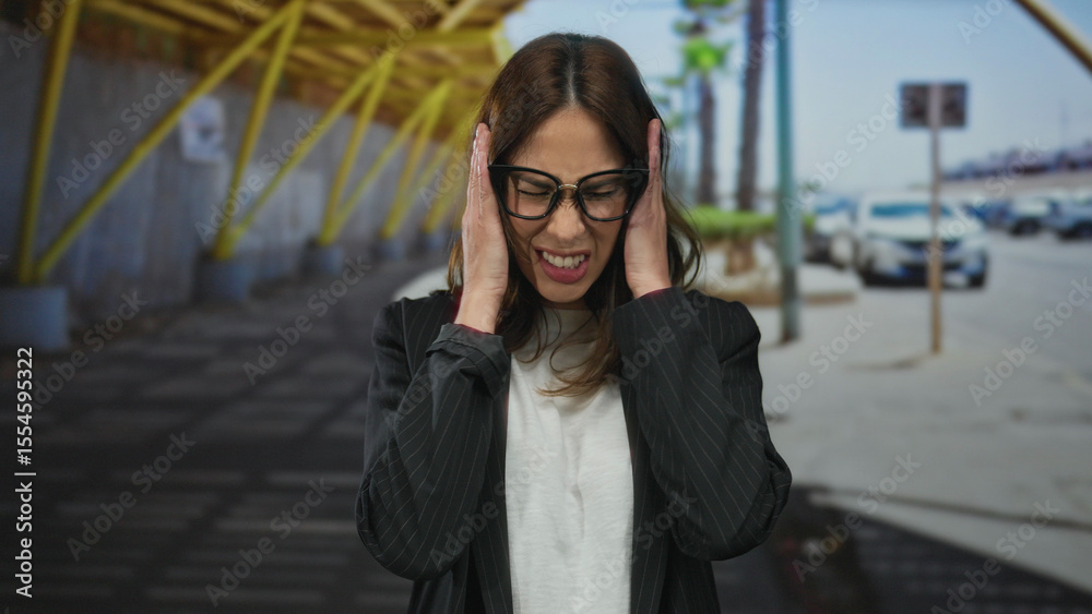 Fototapeta premium Hispanic woman on a city street feeling stressed with eyes closed and mouth clenched, surrounded by urban environment and cars.