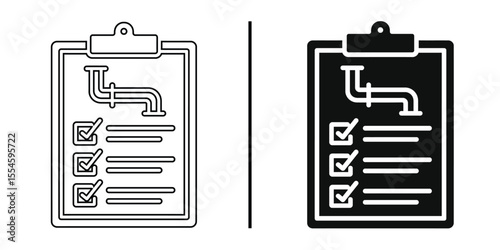 Plumbing Checklist: A detailed illustration depicting a plumbing checklist. Two versions, one with black lines, and the other with white lines.