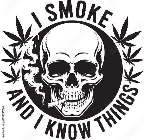 Skull smoking marijuana leaves text cannabis