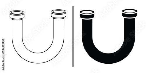 U-shaped Pipe Contrast: Minimalist illustration of a U-shaped pipe in two contrasting variations, one outlined, the other solid, highlighting its functional design and form.