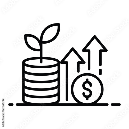 Financial Growth Concept with Plant Coins and Upward Arrows in Line Art