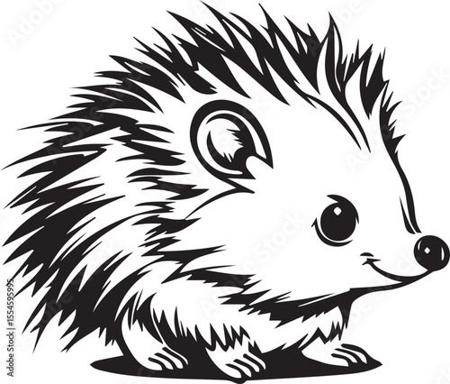 This black and white illustration portrays a cute, stylized hedgehog with its characteristic spiky quills. The hedgehog has large, friendly eyes and a gentle smile, giving it an endearing appeal. The 