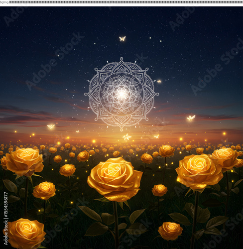 Enchanted Sunset Golden Rose Field Under a Celestial Mandala