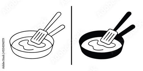 Cooking Concept: Minimalist illustration showing a cooking pan, spatula, and oil creating a stylish and simple scene.