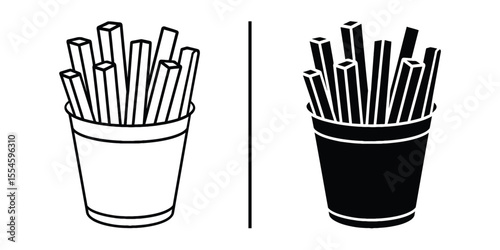 French Fries in Cup Icon: A pair of french fries icons, one line art and one solid black, both showing a cup overflowing with delicious french fries, perfect for menus, packaging, and applications.