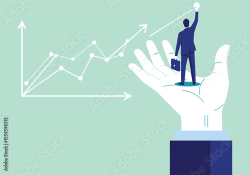 Businessman analyzing a 3D growth graph, symbolizing financial success and market progress